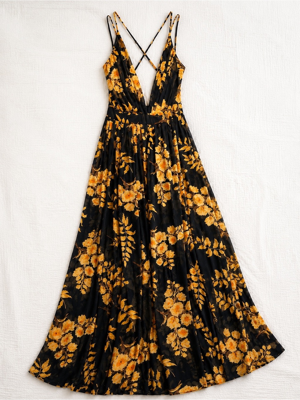 Windsor Maxi Dress Womens Size S Black Mustard Floral Plunge V-Neck Open Back